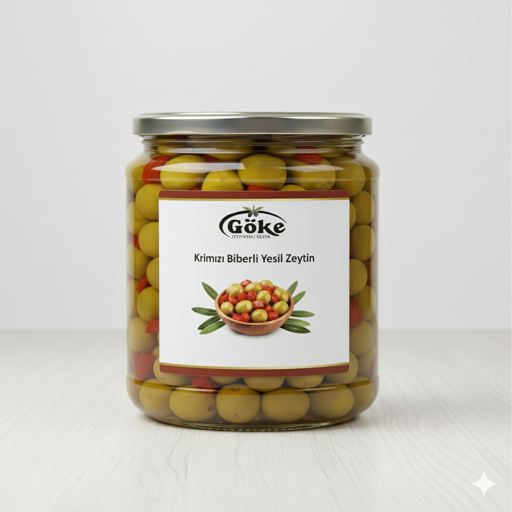 Biberli Yeşil Zeytin - 500gr Cam Kavanoz